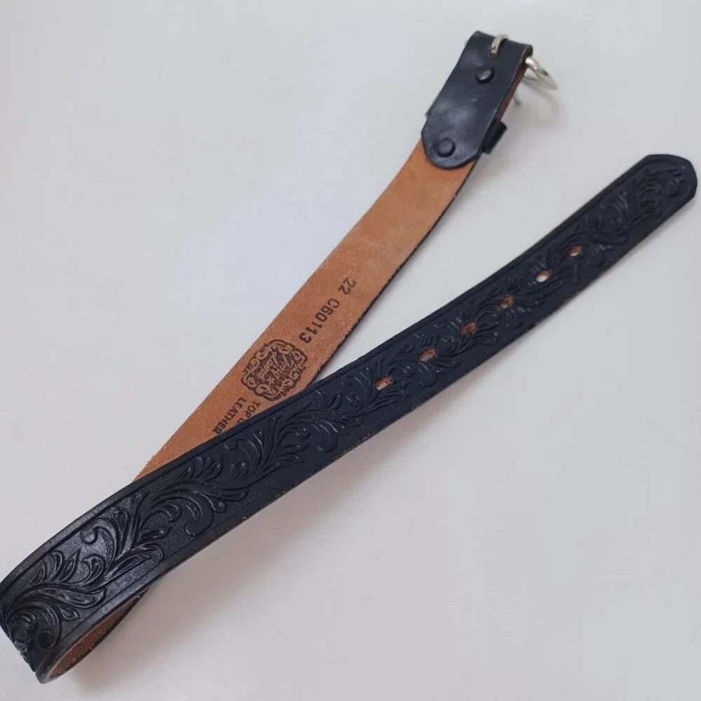 Tony Lama‎ Youth Belt Black Tooled Leather Silver Tone Buckle Western Style